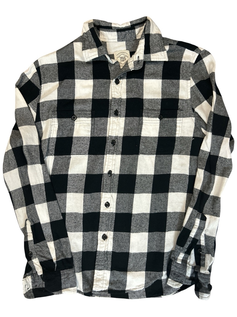 True Craft Women’s Small Buffalo Plaid Flannel Shirt Black White 100% Cotton